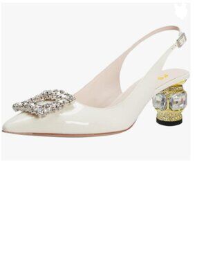 FSJ Ivory White Crystal Square Buckle Pointed Toe Slingback Rhinestone Heel Pump